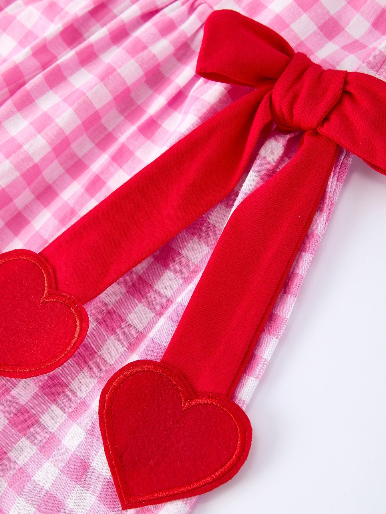 Rylee Faith Designs Valentine Pink Plaid Girls Dress with Red Hearts and Bows - 