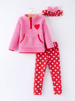 Rylee Faith Designs Valentine Pink Sherpa Heart Top with Red Heart Leggings and Bow Headband - 