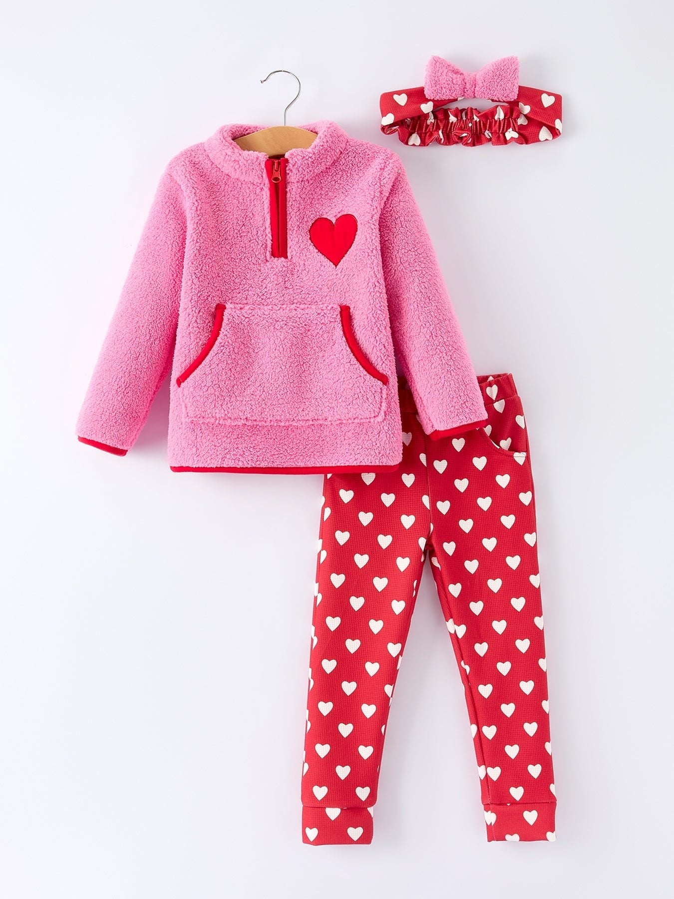 Rylee Faith Designs Valentine Pink Sherpa Heart Top with Red Heart Leggings and Bow Headband - 