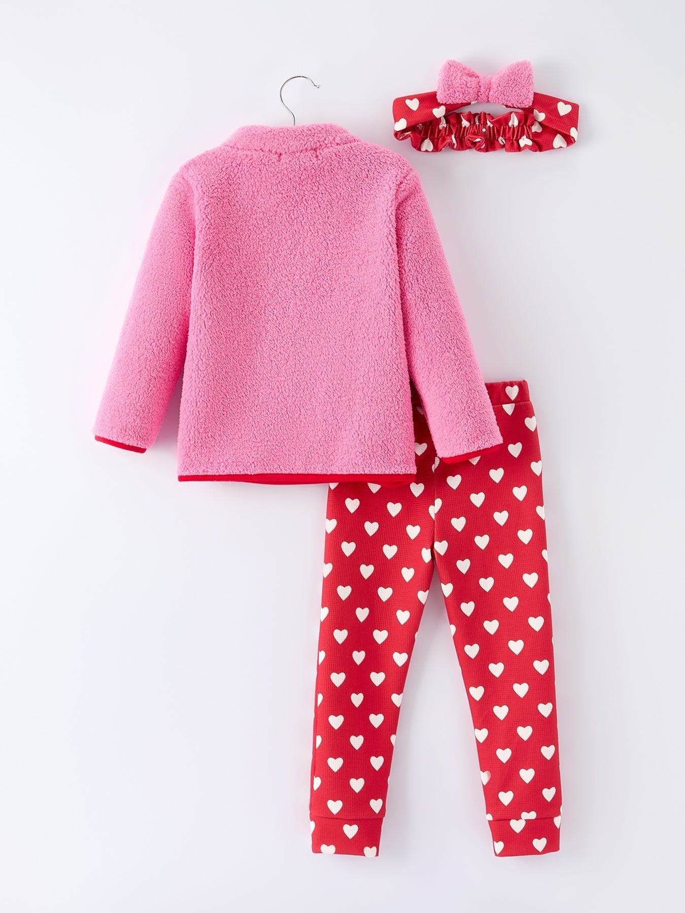 Rylee Faith Designs Valentine Pink Sherpa Heart Top with Red Heart Leggings and Bow Headband - 