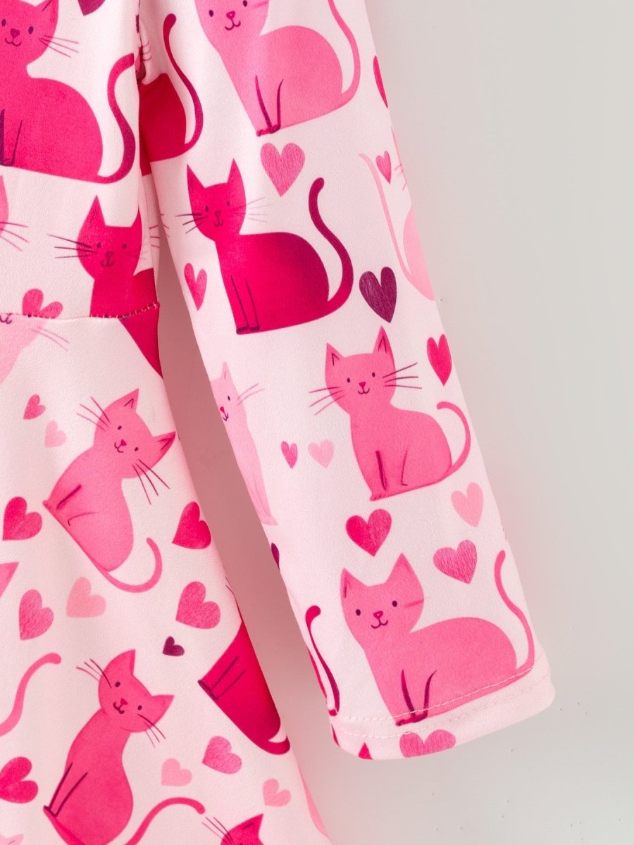 Rylee Faith Designs Valentine Toddler Girls Pink Cat Dress – Long Sleeve Heart Print Outfit - 