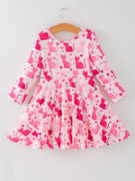 Rylee Faith Designs Valentine Toddler Girls Pink Cat Dress – Long Sleeve Heart Print Outfit - 