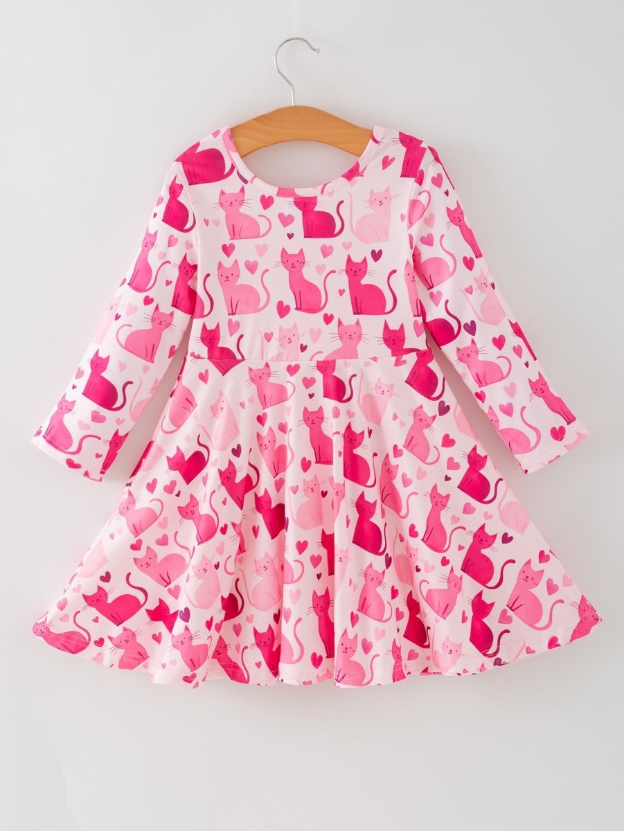 Rylee Faith Designs Valentine Toddler Girls Pink Cat Dress – Long Sleeve Heart Print Outfit - 