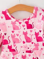 Rylee Faith Designs Valentine Toddler Girls Pink Cat Dress – Long Sleeve Heart Print Outfit - 