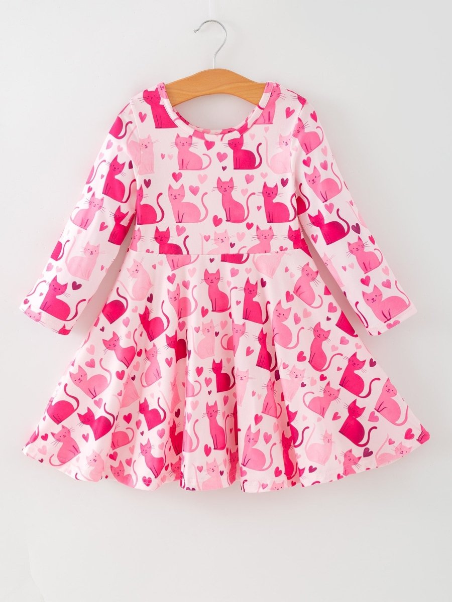 Rylee Faith Designs Valentine Toddler Girls Pink Cat Dress – Long Sleeve Heart Print Outfit - 