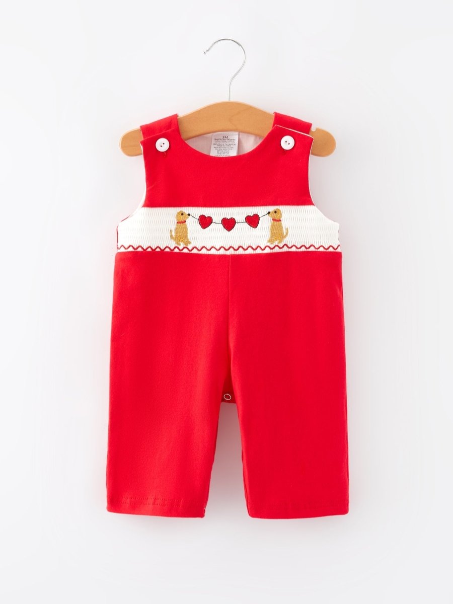 Rylee Faith Designs Valentine's Day Dog Heart Smocking Embroidered Boys Romper - 