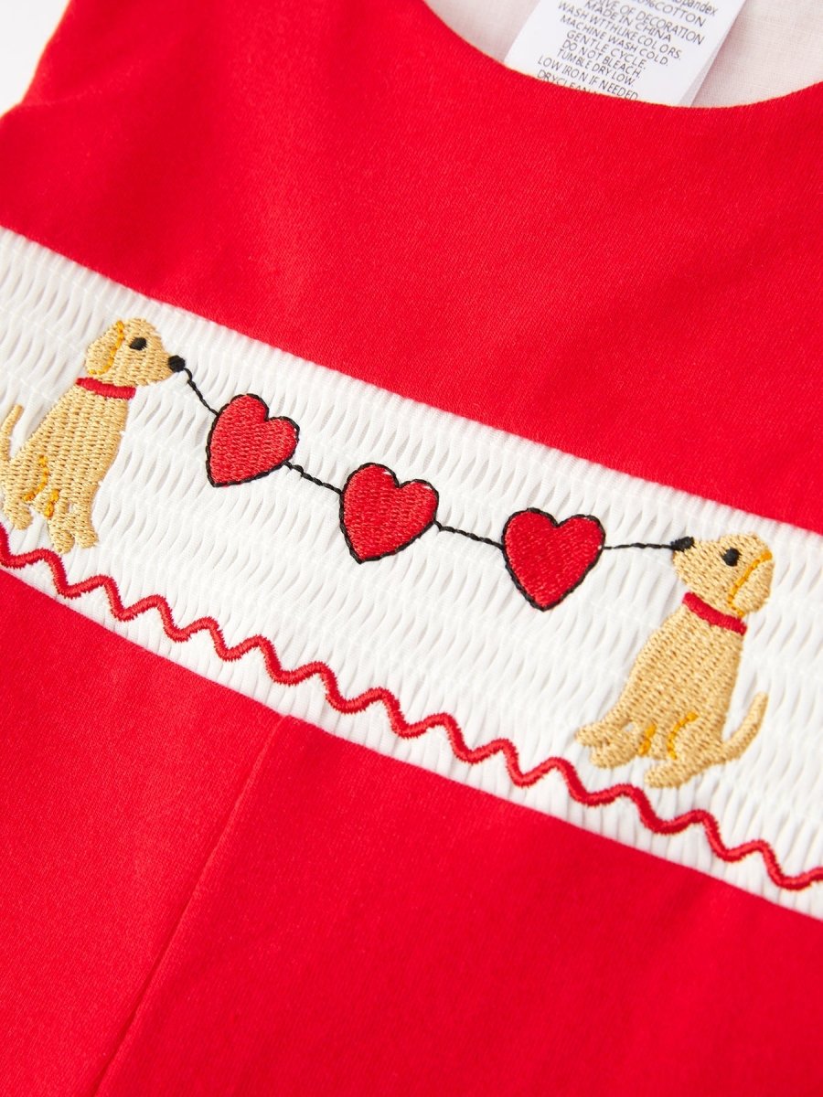 Rylee Faith Designs Valentine's Day Dog Heart Smocking Embroidered Boys Romper - 