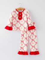 Rylee Faith Designs Valentine’s Day Girl Set with Heart Print and Red Ruffle Details - 