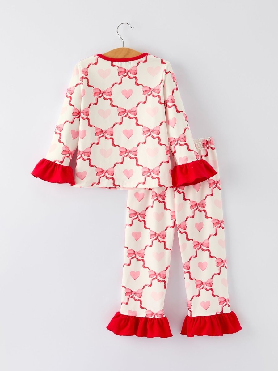 Rylee Faith Designs Valentine’s Day Girl Set with Heart Print and Red Ruffle Details - 