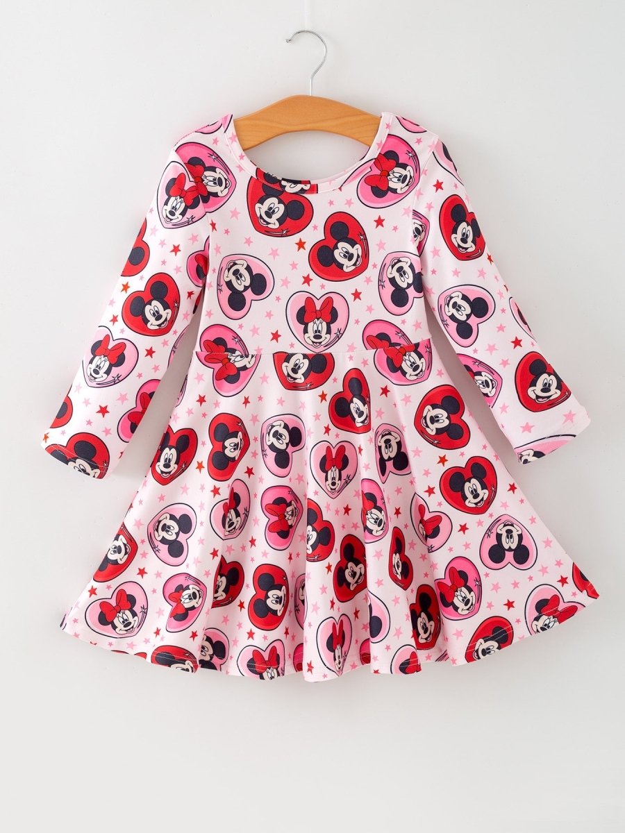 Rylee Faith Designs Valentine's Day Girls Long Sleeve Dress – Pink Character Heart Outfit - 