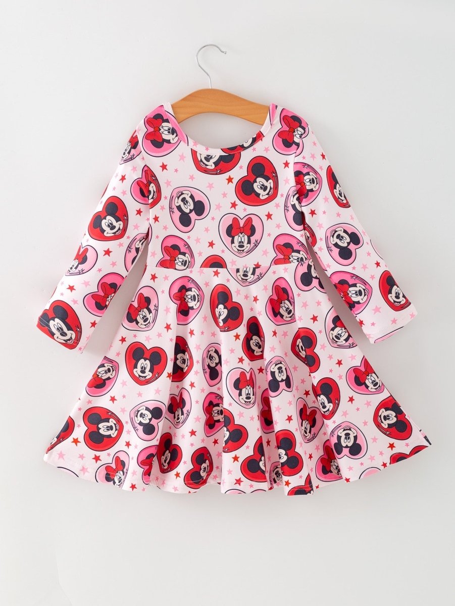 Rylee Faith Designs Valentine's Day Girls Long Sleeve Dress – Pink Character Heart Outfit - 