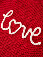 Rylee Faith Designs Valentine’s Day Girls Red Knit Sweater – "Love" Heart Embroidery Long Sleeve Pullover - 
