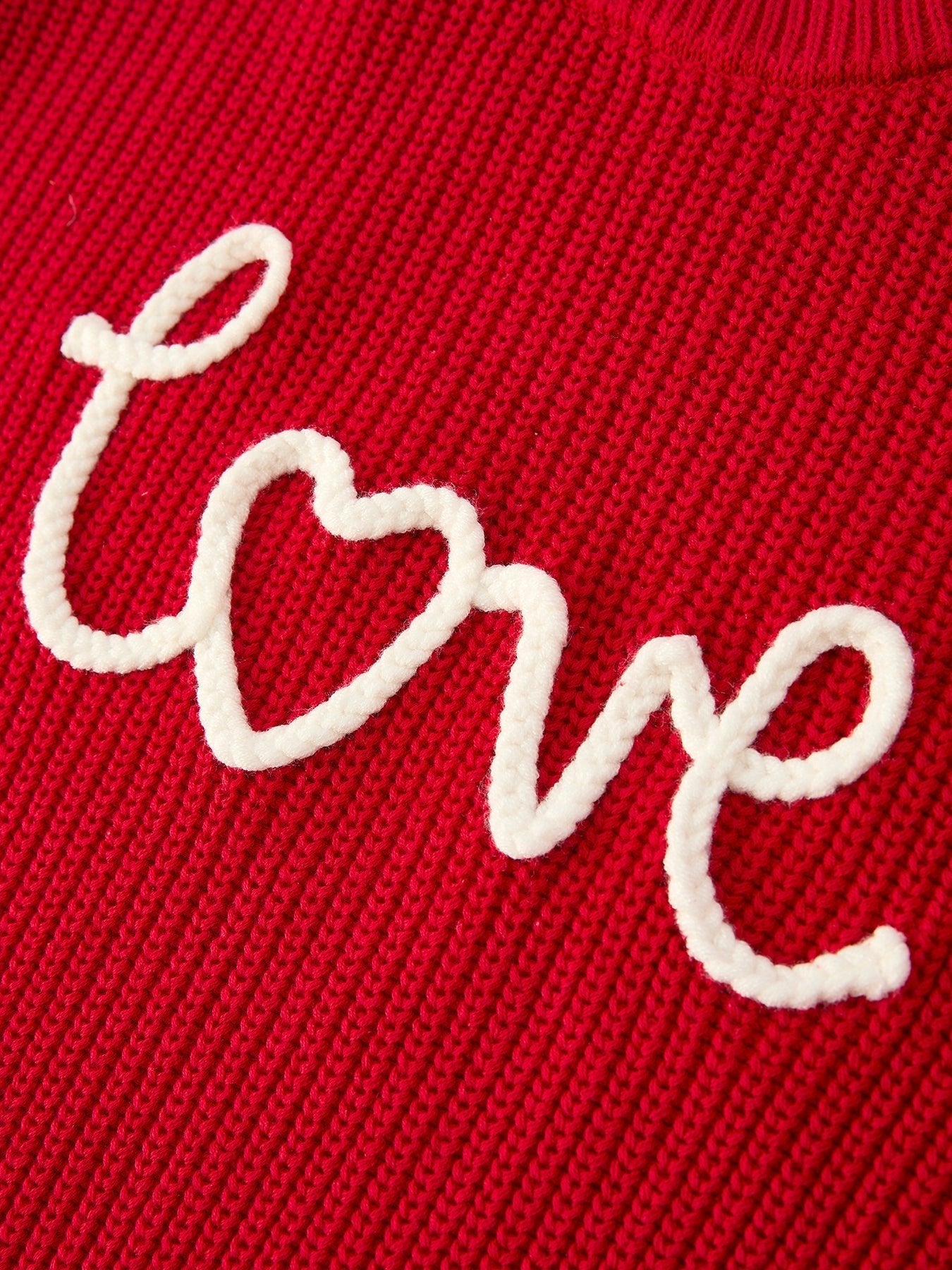 Rylee Faith Designs Valentine’s Day Girls Red Knit Sweater – "Love" Heart Embroidery Long Sleeve Pullover - 