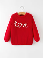 Rylee Faith Designs Valentine’s Day Girls Red Knit Sweater – "Love" Heart Embroidery Long Sleeve Pullover - 