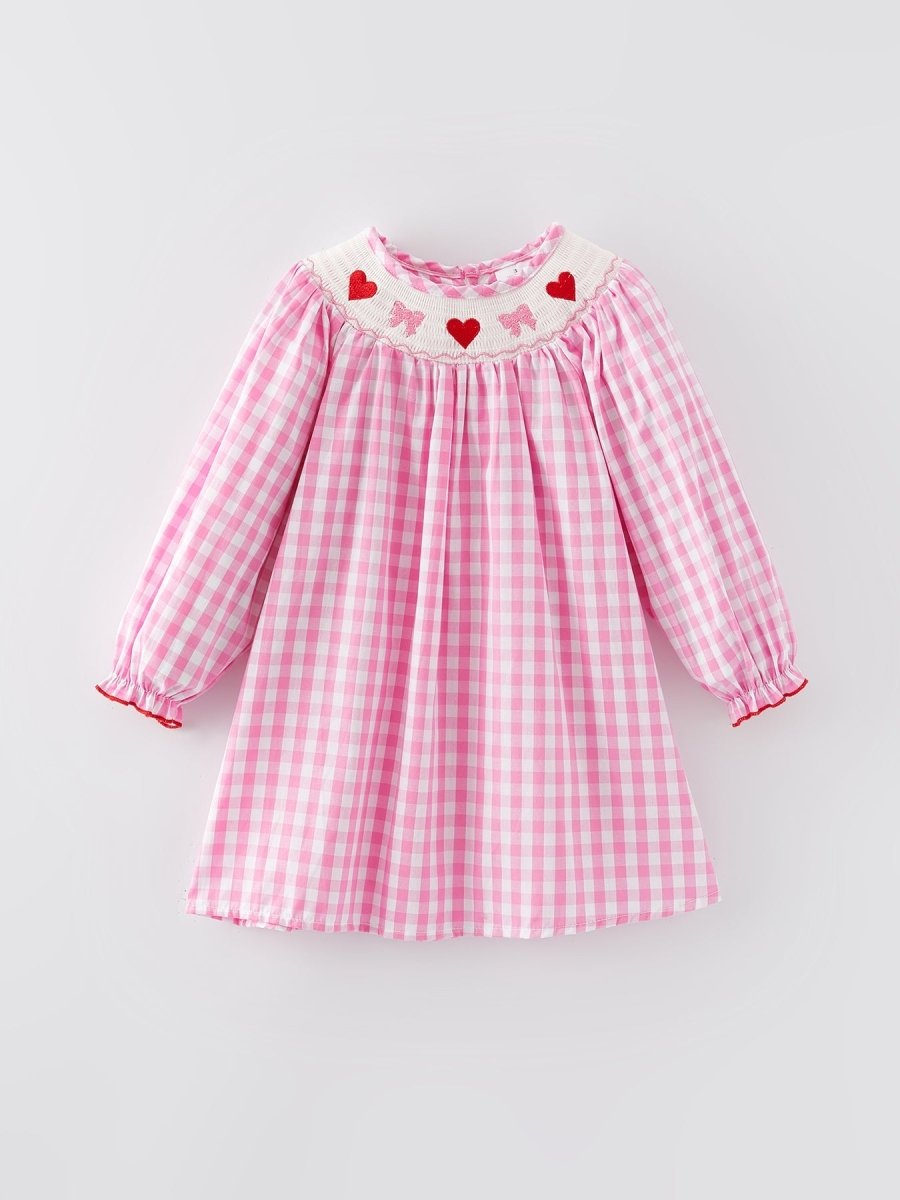 Rylee Faith Designs Valentine's Day Heart Bow Smocking Embroidered Pink Dress - 