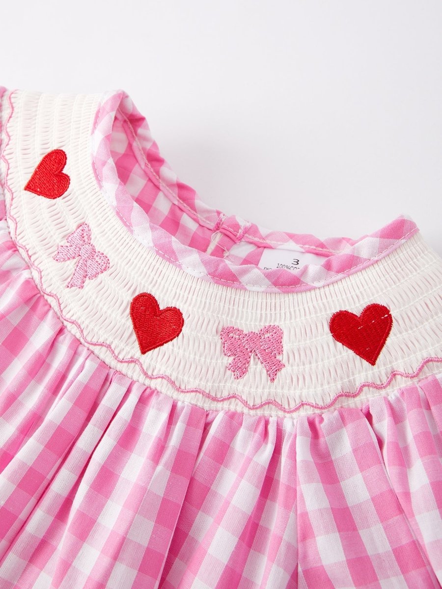 Rylee Faith Designs Valentine's Day Heart Bow Smocking Embroidered Pink Dress - 