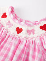 Rylee Faith Designs Valentine's Day Heart Bow Smocking Embroidered Pink Romper - 