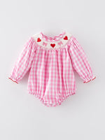 Rylee Faith Designs Valentine's Day Heart Bow Smocking Embroidered Pink Romper - 