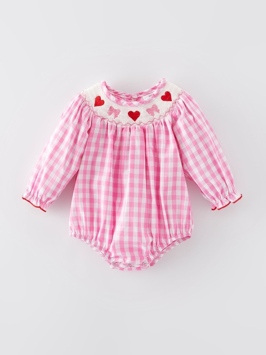 Rylee Faith Designs Valentine's Day Heart Bow Smocking Embroidered Pink Romper - 