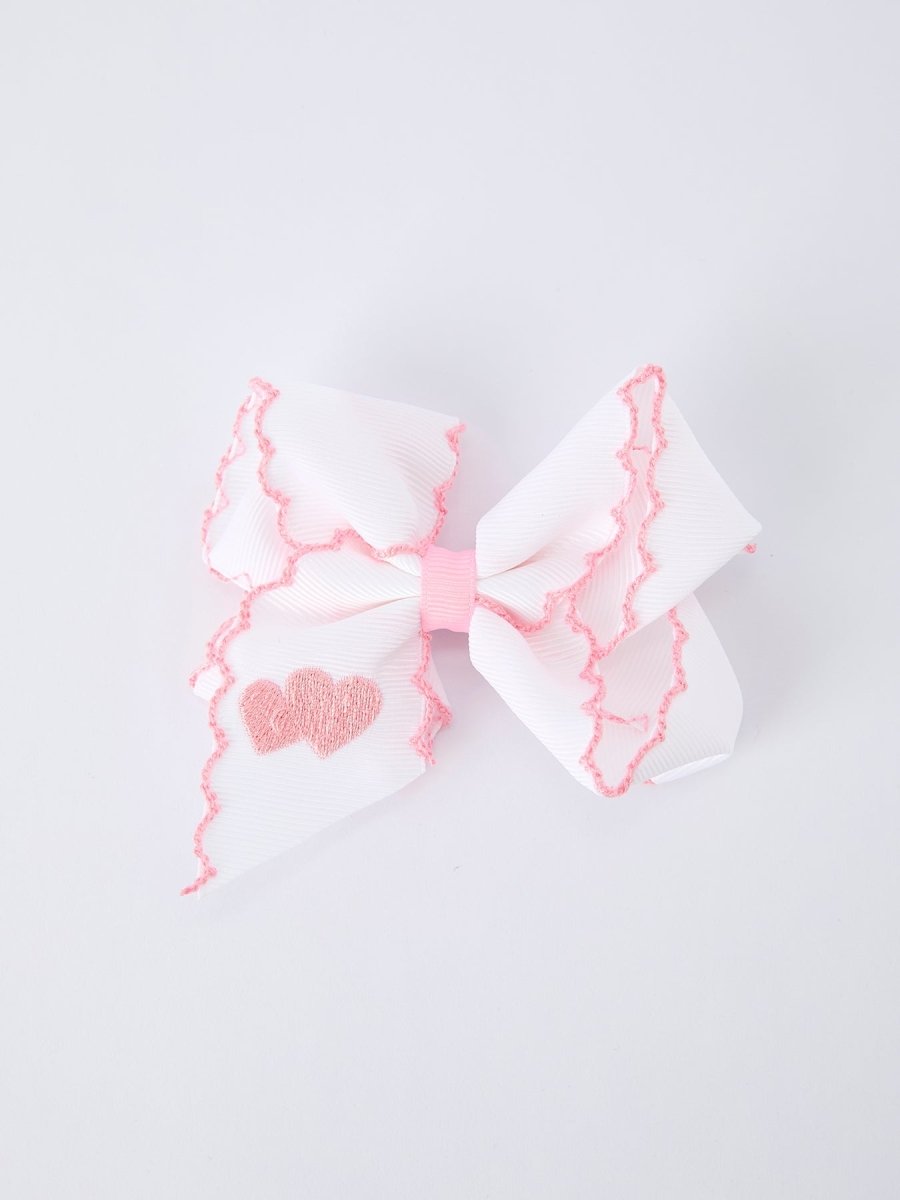Rylee Faith Designs Valentine's Day Heart Embroidered White Girls Bow Hairpin 4 Inch - 
