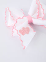 Rylee Faith Designs Valentine's Day Heart Embroidered White Girls Bow Hairpin 4 Inch - 