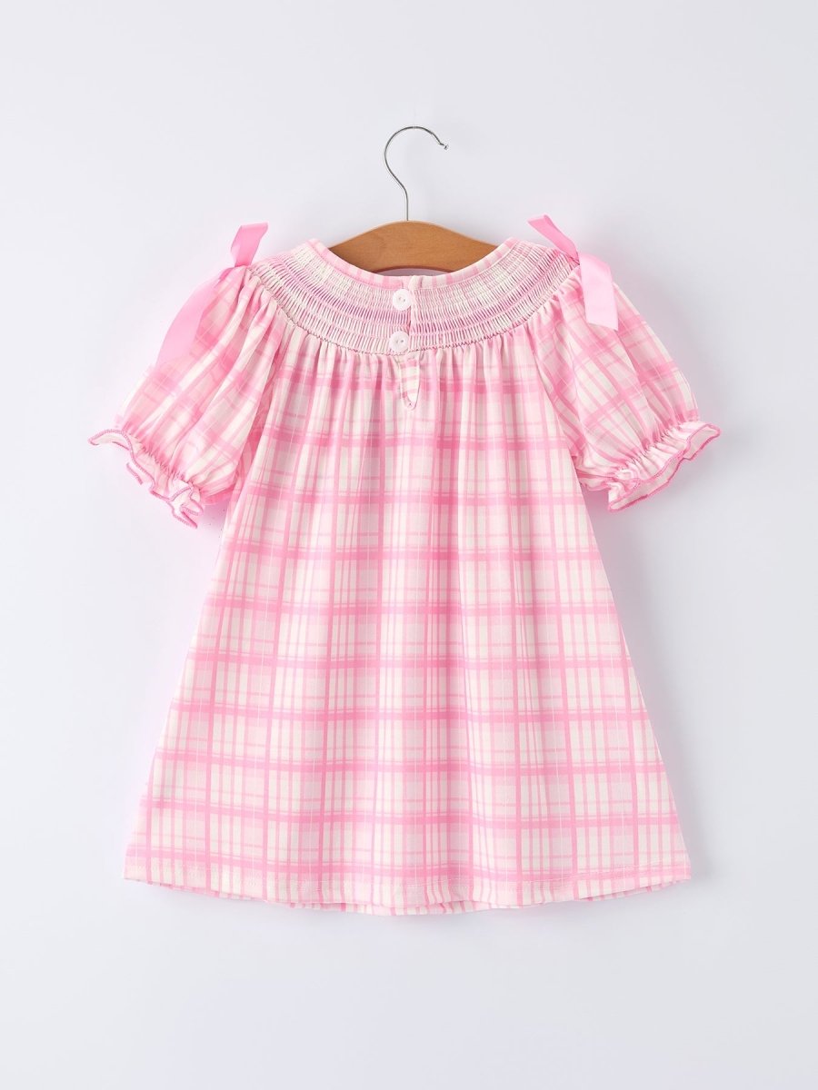 Rylee Faith Designs Valentine's Day Pink Plaid Smocked Heart Embroidery Girls Dress - 