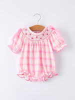 Rylee Faith Designs Valentine's Day Pink Plaid Smocked Heart Embroidery Girls Romper - 