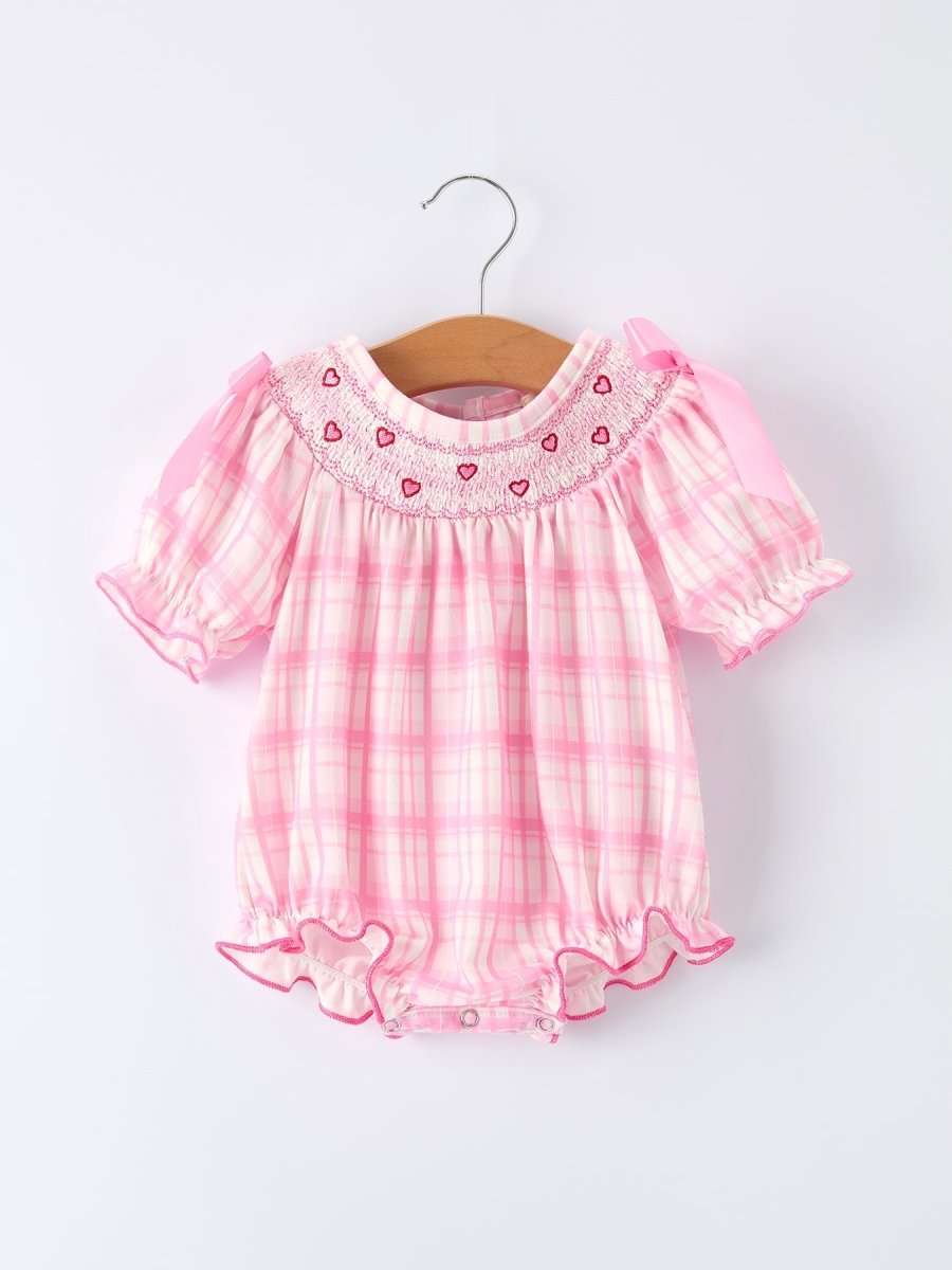 Rylee Faith Designs Valentine's Day Pink Plaid Smocked Heart Embroidery Girls Romper - 