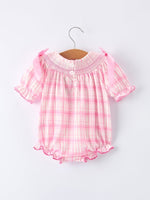 Rylee Faith Designs Valentine's Day Pink Plaid Smocked Heart Embroidery Girls Romper - 