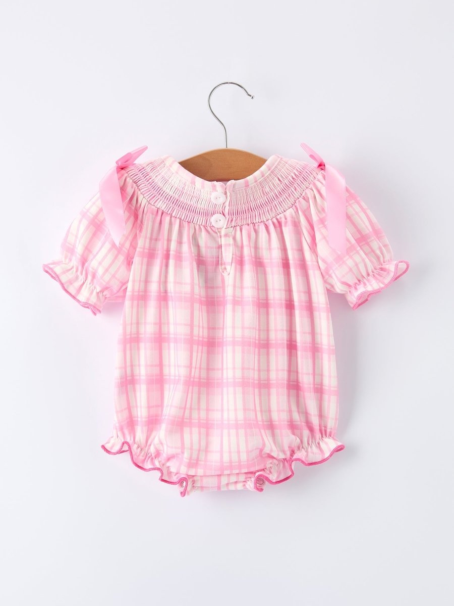 Rylee Faith Designs Valentine's Day Pink Plaid Smocked Heart Embroidery Girls Romper - 