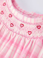 Rylee Faith Designs Valentine's Day Pink Plaid Smocked Heart Embroidery Girls Romper - 