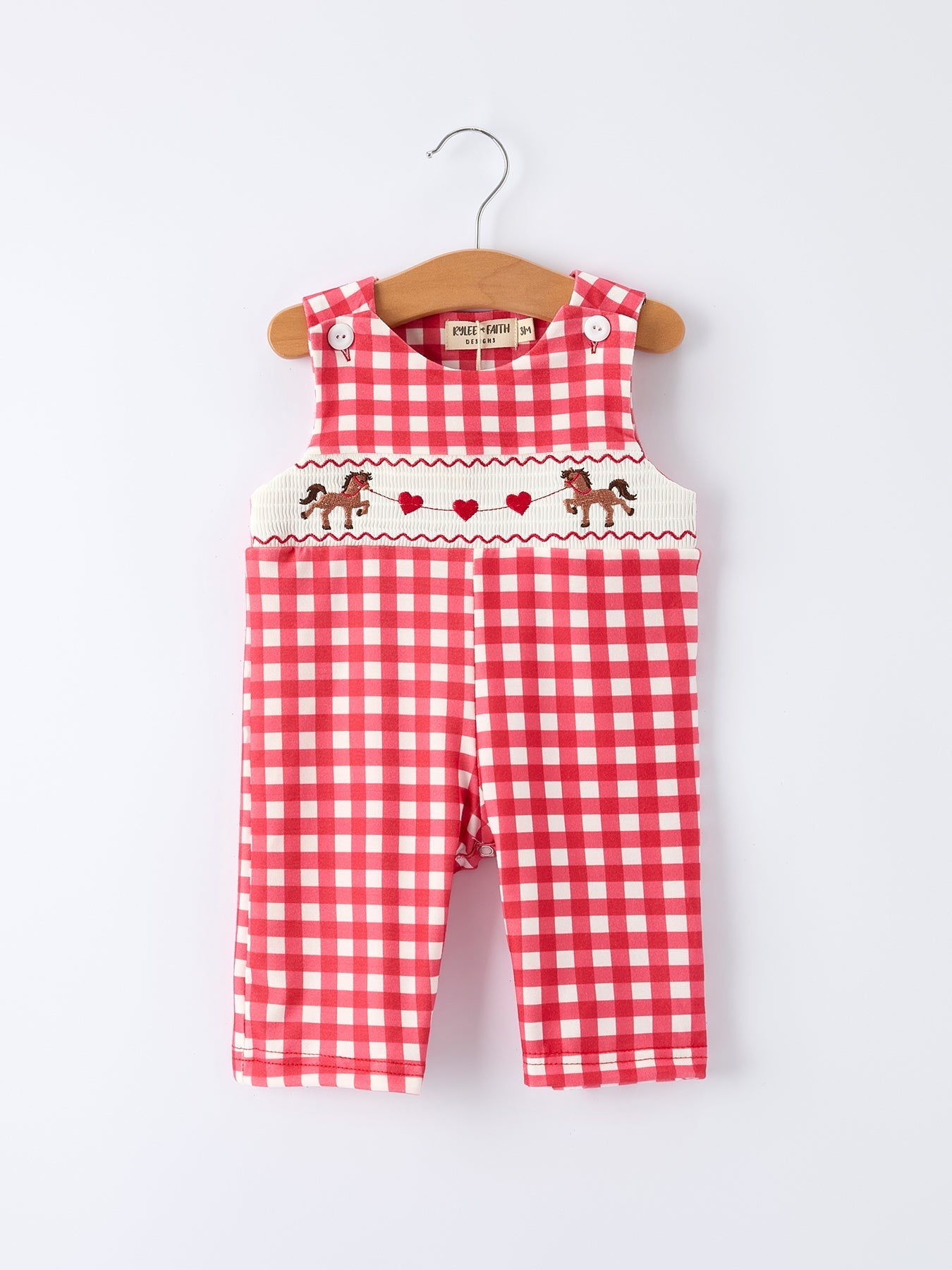 Rylee Faith Designs Valentine's Day Plaid Heart Embroidered Pony Boys' Romper - 