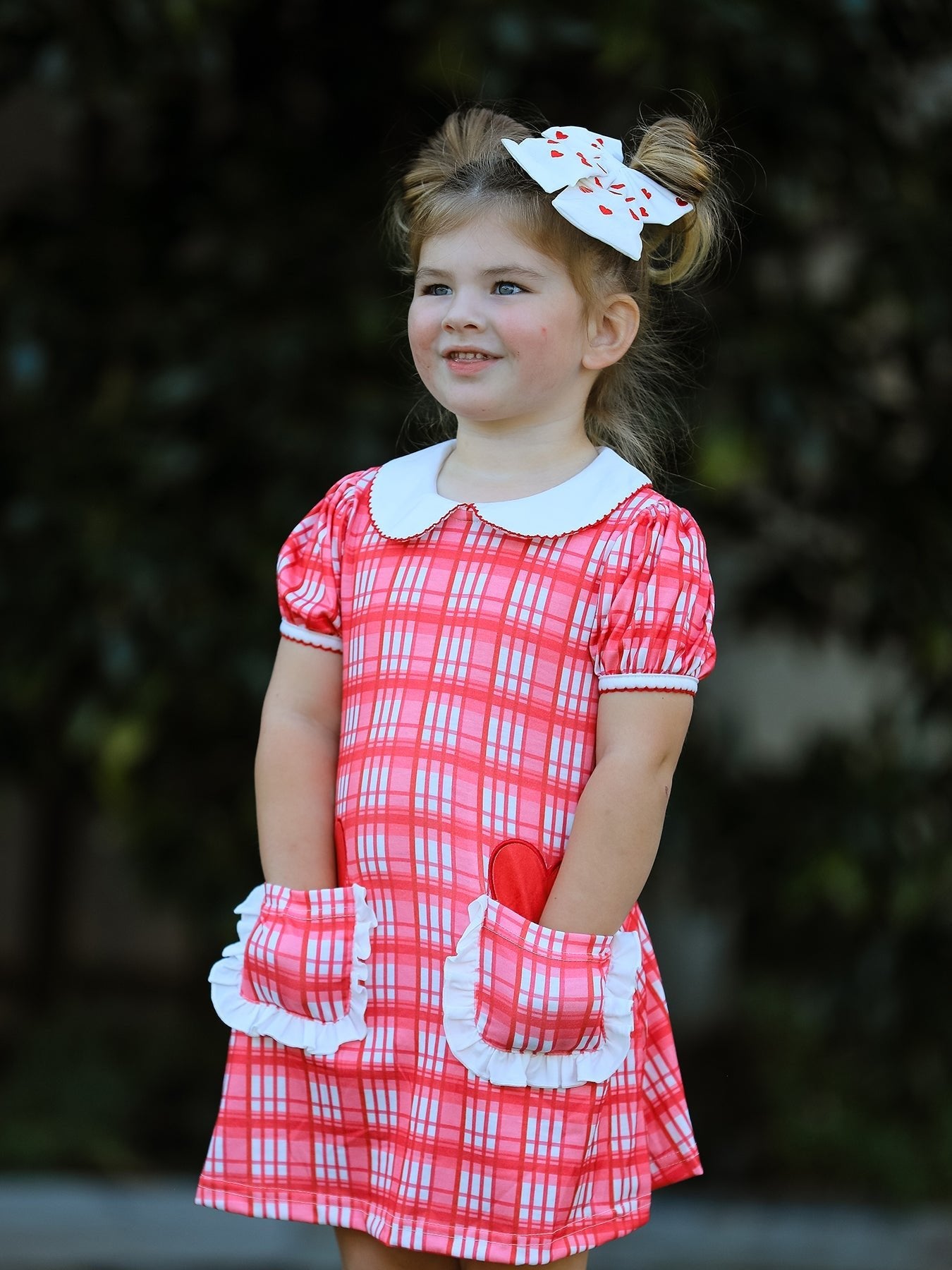 Rylee Faith Designs Valentine's Day Plaid Pocket Girls Short Sleeves Dress - 