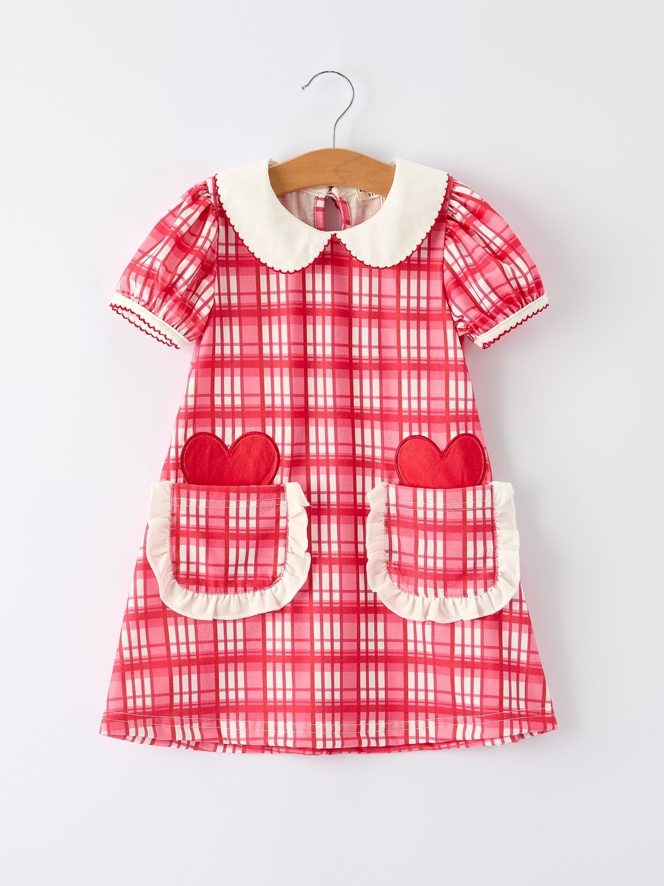 Rylee Faith Designs Valentine's Day Plaid Pocket Girls Short Sleeves Dress - 