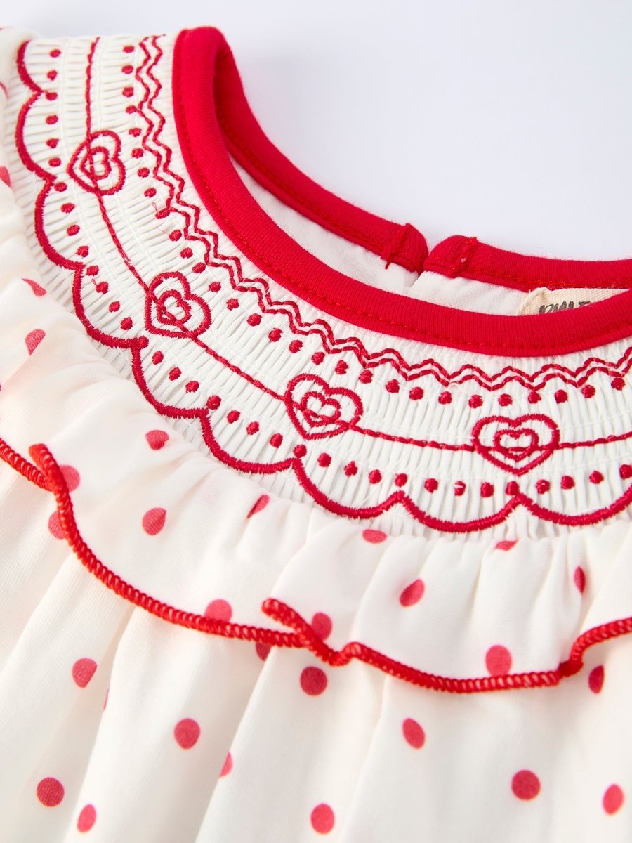 Rylee Faith Designs Valentine's Day Polka Dot Baby Girls Romper with Smocking Embroidery - 