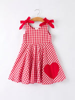 Rylee Faith Designs Valentine’s Day Red Plaid Heart Applique Dress with Bows – Toddler Girls Outfit - 