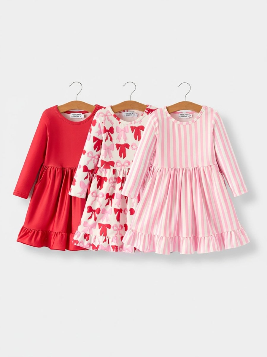 Rylee Faith Designs Valentine's Day Three - Piece Solid Red, Pink, Striped Dress - 