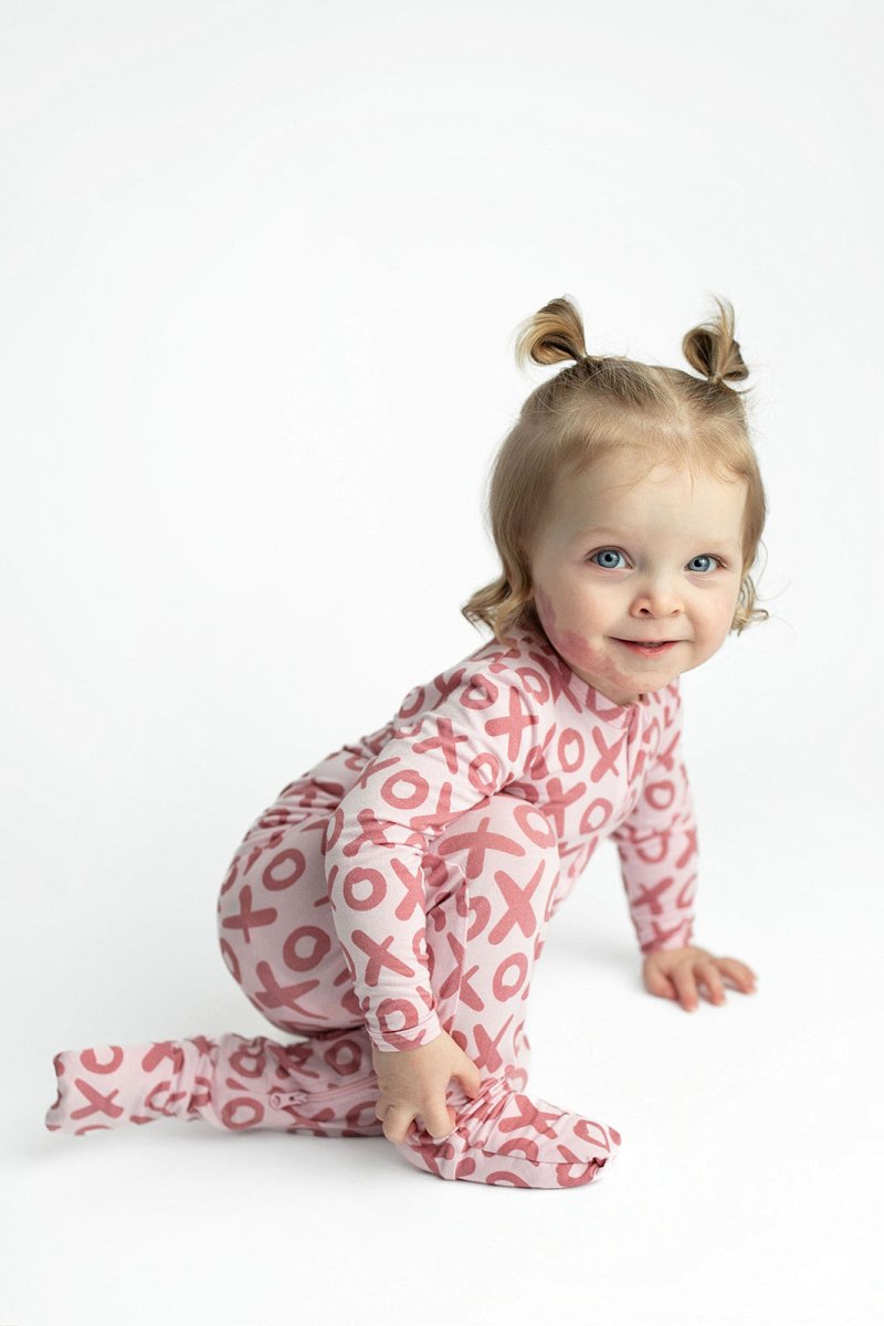 Three Little Tots Valentine's Day XOXO Bamboo Newborn Zipper Pajamas Sleepers - 