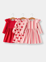 Rylee Faith Designs Valentine’s Girls Long Sleeve 3 - Piece Dress Set with Hearts and Stripes - 