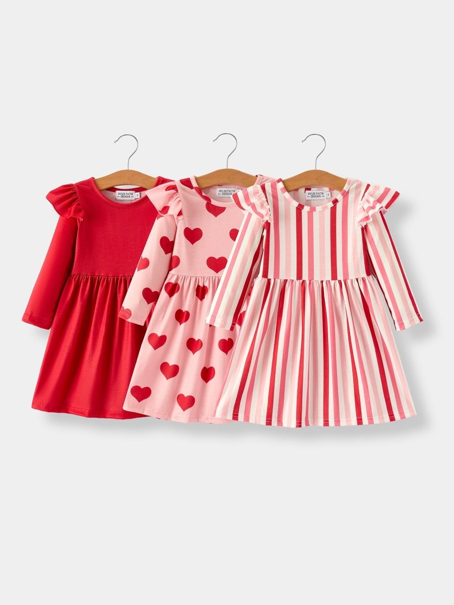 Rylee Faith Designs Valentine’s Girls Long Sleeve 3 - Piece Dress Set with Hearts and Stripes - 