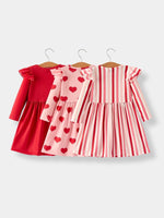 Rylee Faith Designs Valentine’s Girls Long Sleeve 3 - Piece Dress Set with Hearts and Stripes - 