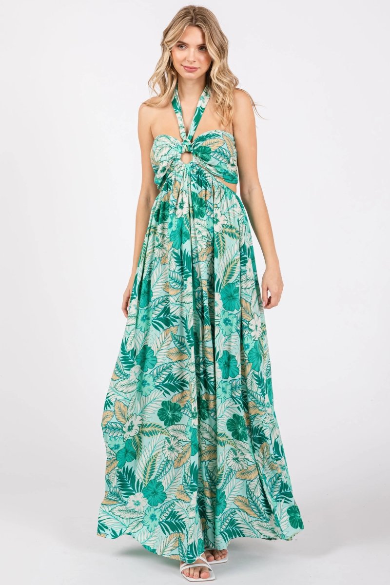 PinkBlush Vibrant Light Blue Maxi Dress with Tropical Print for Summer Adventures - 