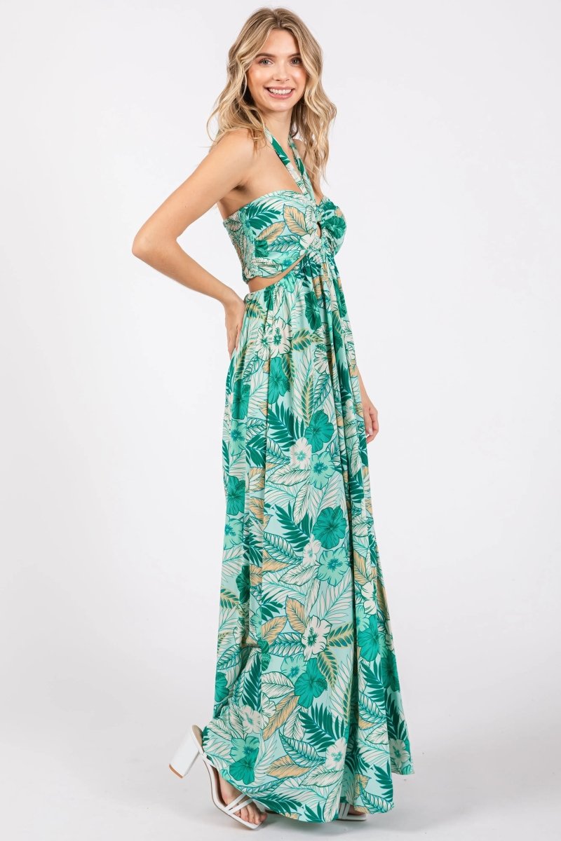 PinkBlush Vibrant Light Blue Maxi Dress with Tropical Print for Summer Adventures - 