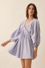 PinkBlush Vibrant Violet Blue Crinkle Cotton Mini Dress with Dolman Sleeves for Casual Wear - 