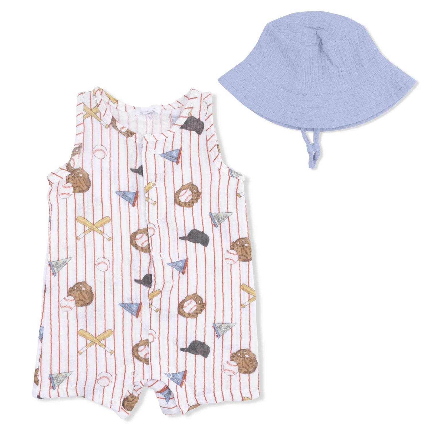 Angel Dear Vintage Baseball Stripe - Muslin Sleeveless Shortie Romper with Bucket Hat - 