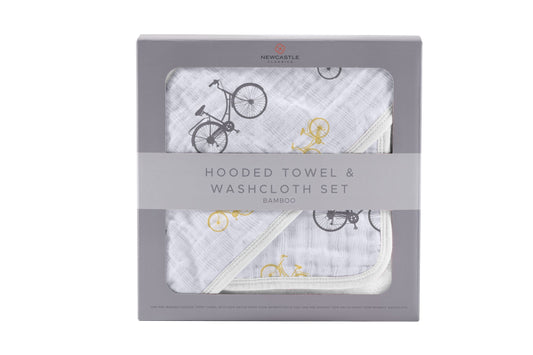 Vintage Bicycle Bamboo Muslin Hooded Towel and Washcloth Set for Kids Newcastle Classics