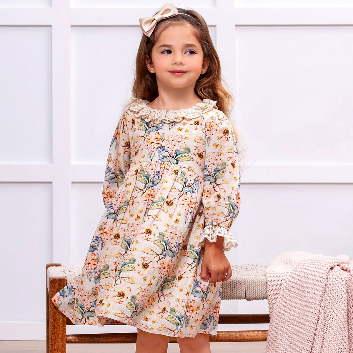 Vintage Floral Dress with Lace Collar Ruffles, Linen Blend - Sleeve, Dress, Textile, Pink, One-piece garment | Everetts Place