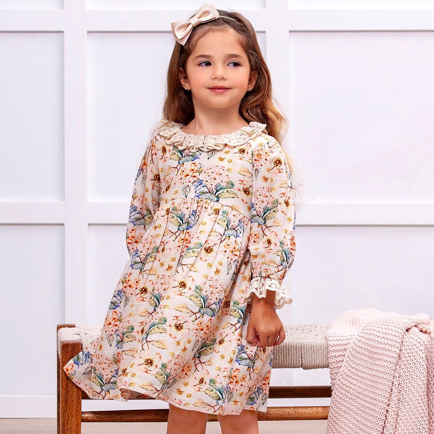 Vintage Floral Dress with Lace Collar Ruffles, Linen Blend - Sleeve, Dress, Textile, Pink, One-piece garment | Everetts Place