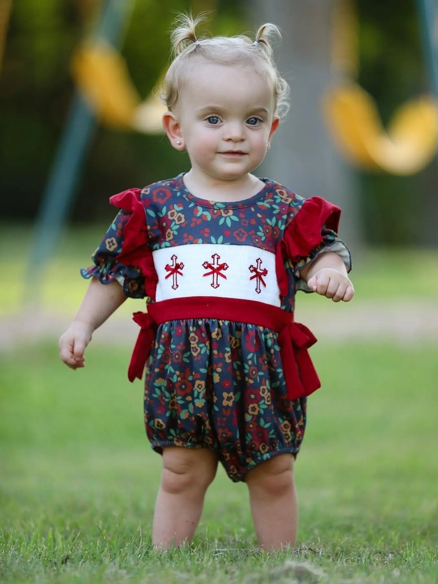 Rylee Faith Designs Vintage Floral Smocked Church Bishop Christening Baby Girl Romper - Everetts Place Boutique - 