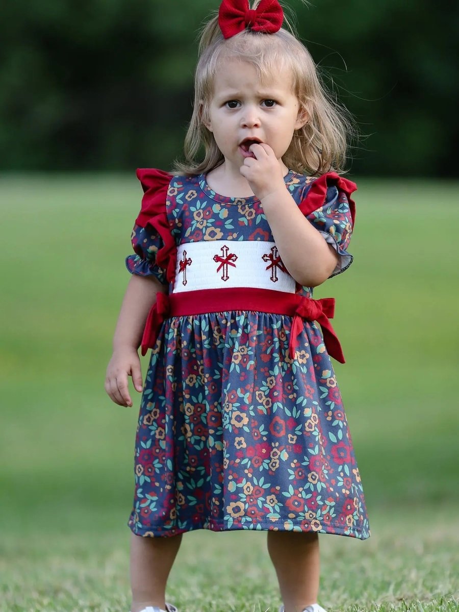 Rylee Faith Designs Vintage Floral Smocked Church Christ Bishop Christening Dress for Girls - Everetts Place Boutique - 